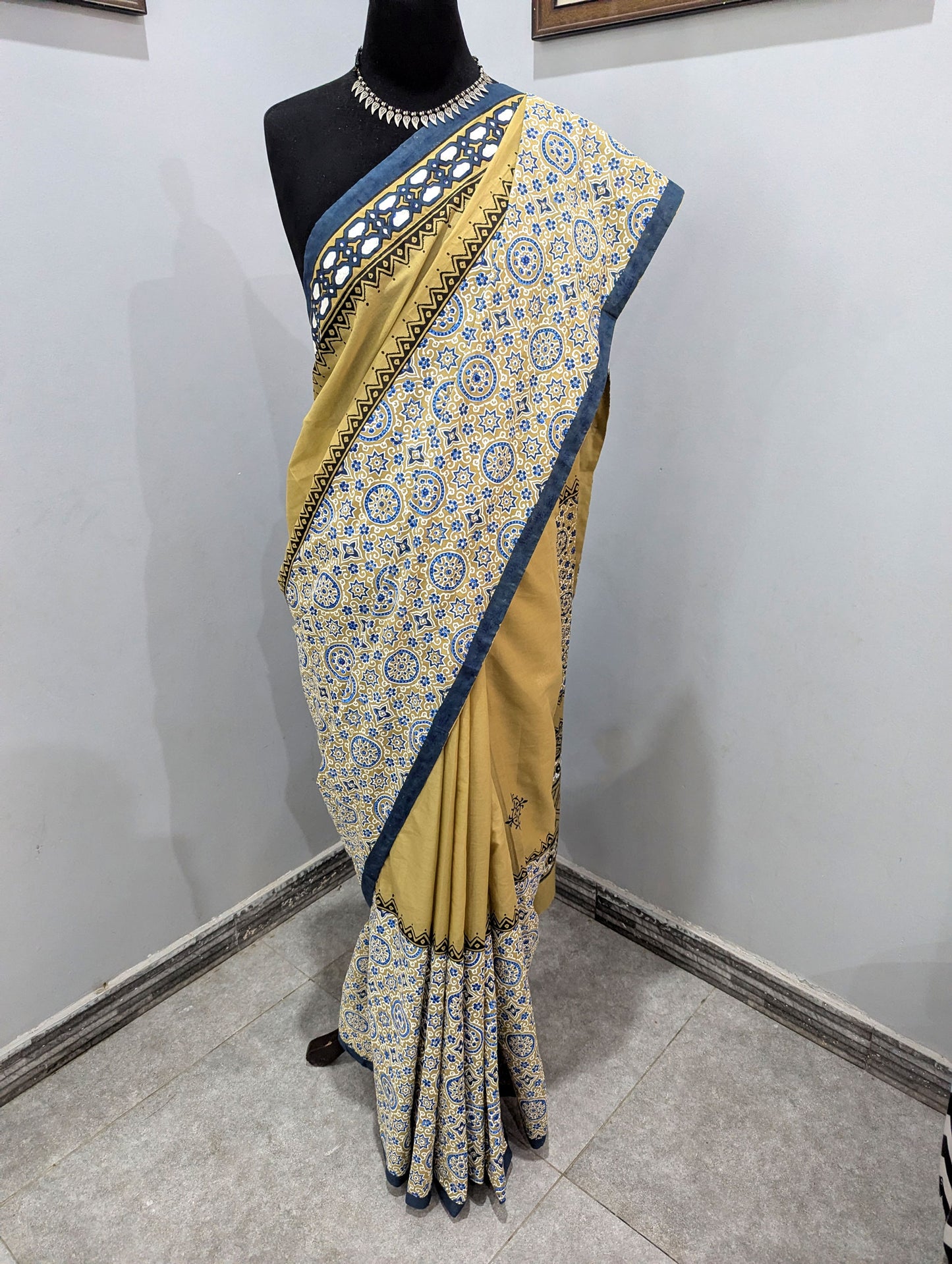 Khaki and Indigo Hand Block Printed Cotton Saree