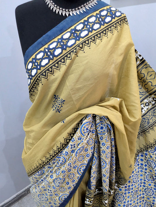 Khaki and Indigo Hand Block Printed Cotton Saree