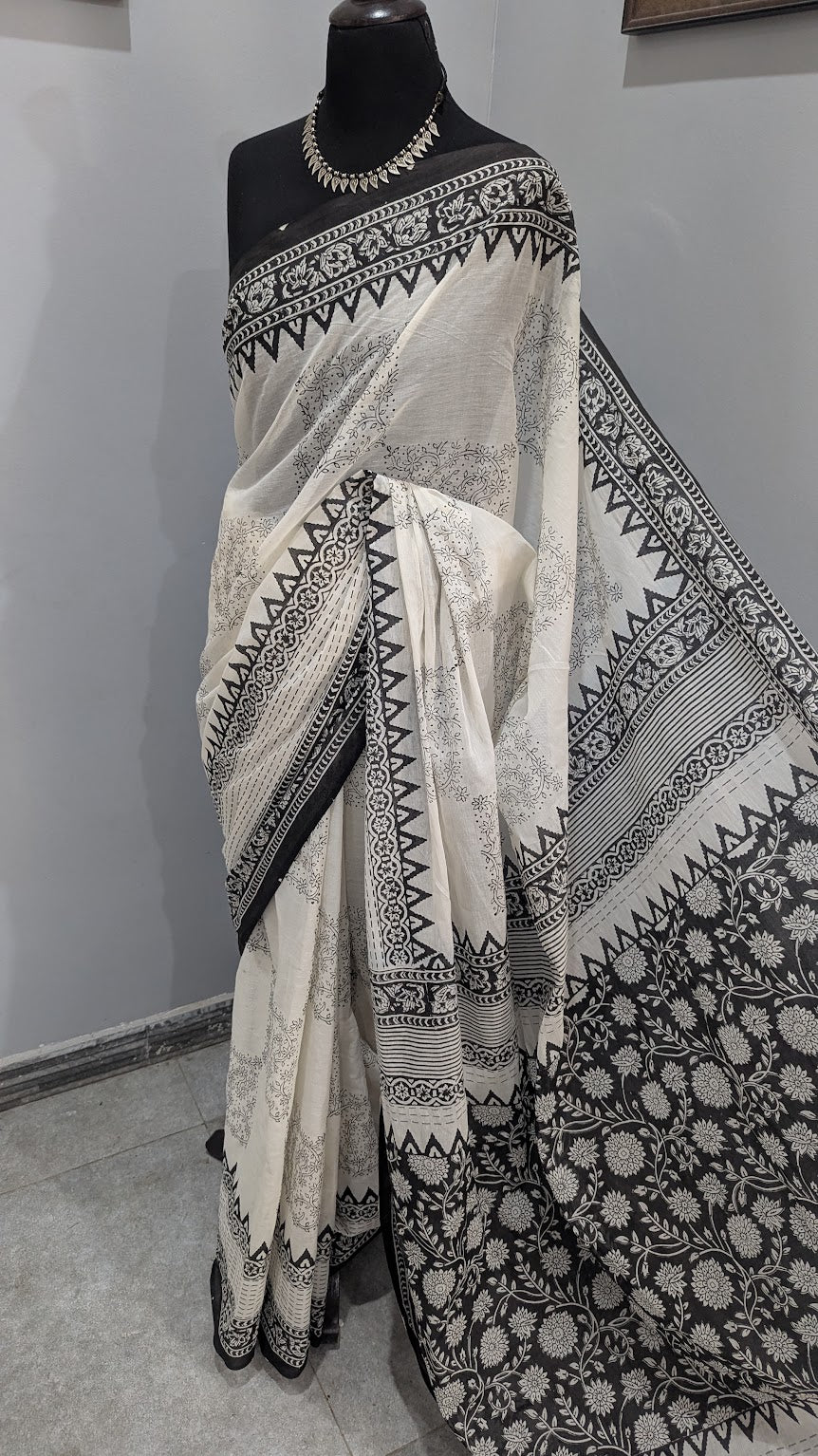 Black & White Hand Block Printed Cotton Saree