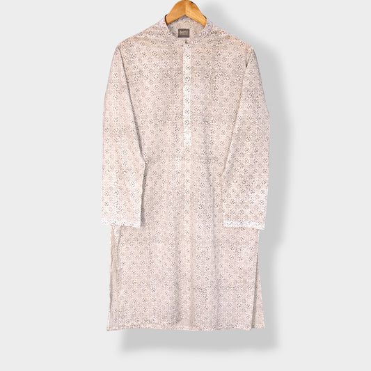 Classic White Block Printed Kurta for Man