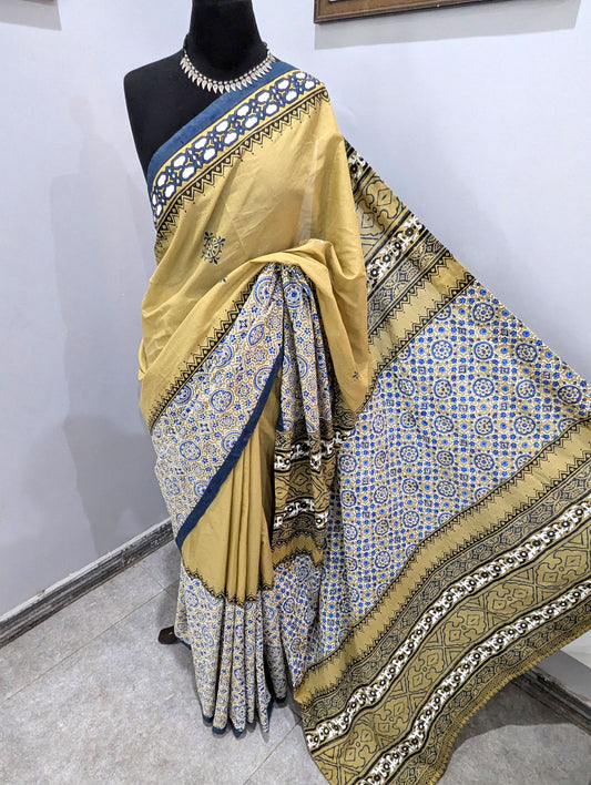 Khaki and Indigo Hand Block Printed Cotton Saree