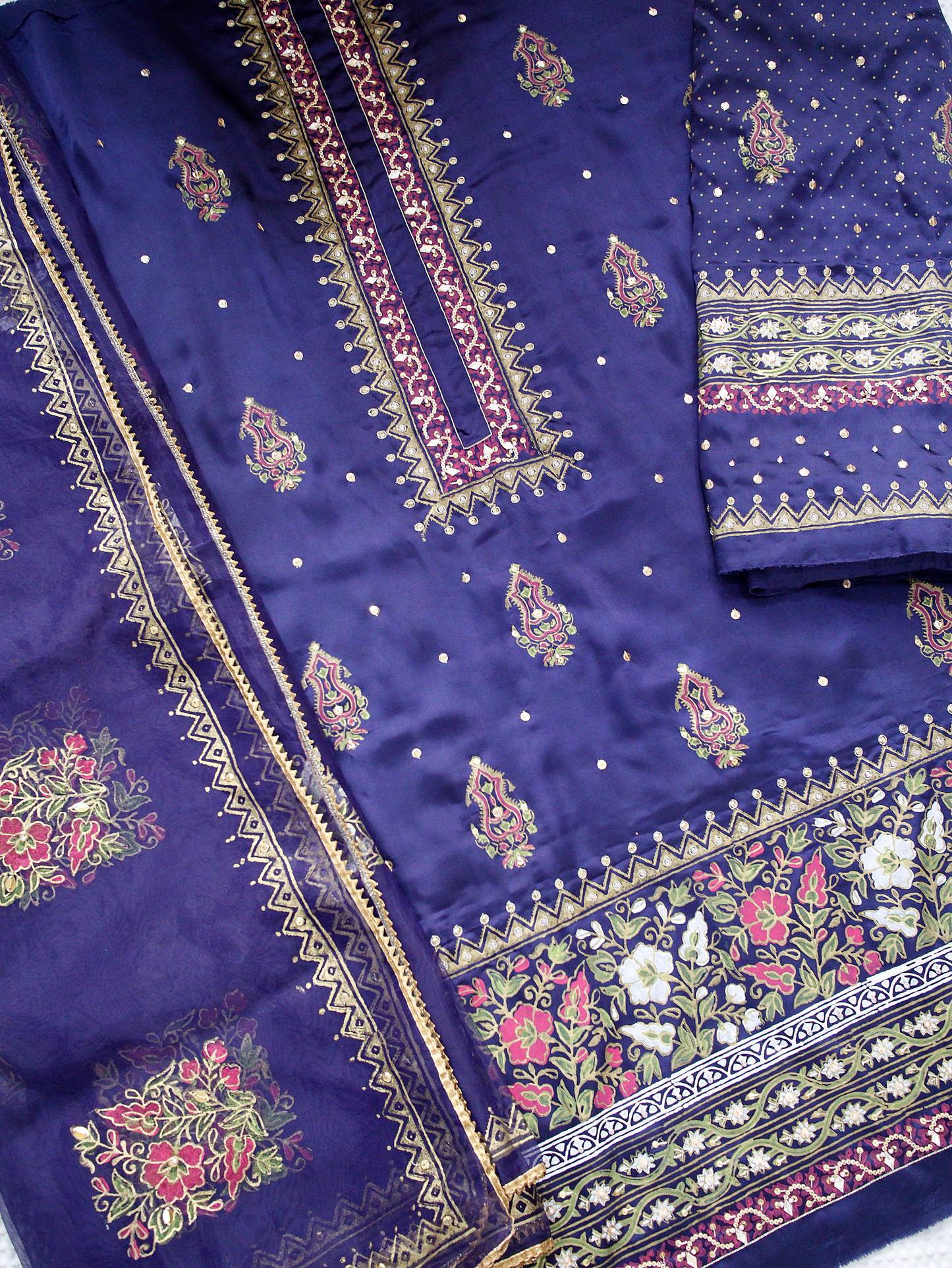 Blue and multi Charmeuse Silk Set