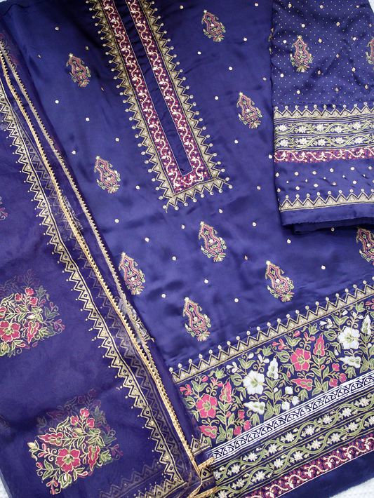 Blue and multi Charmeuse Silk Set