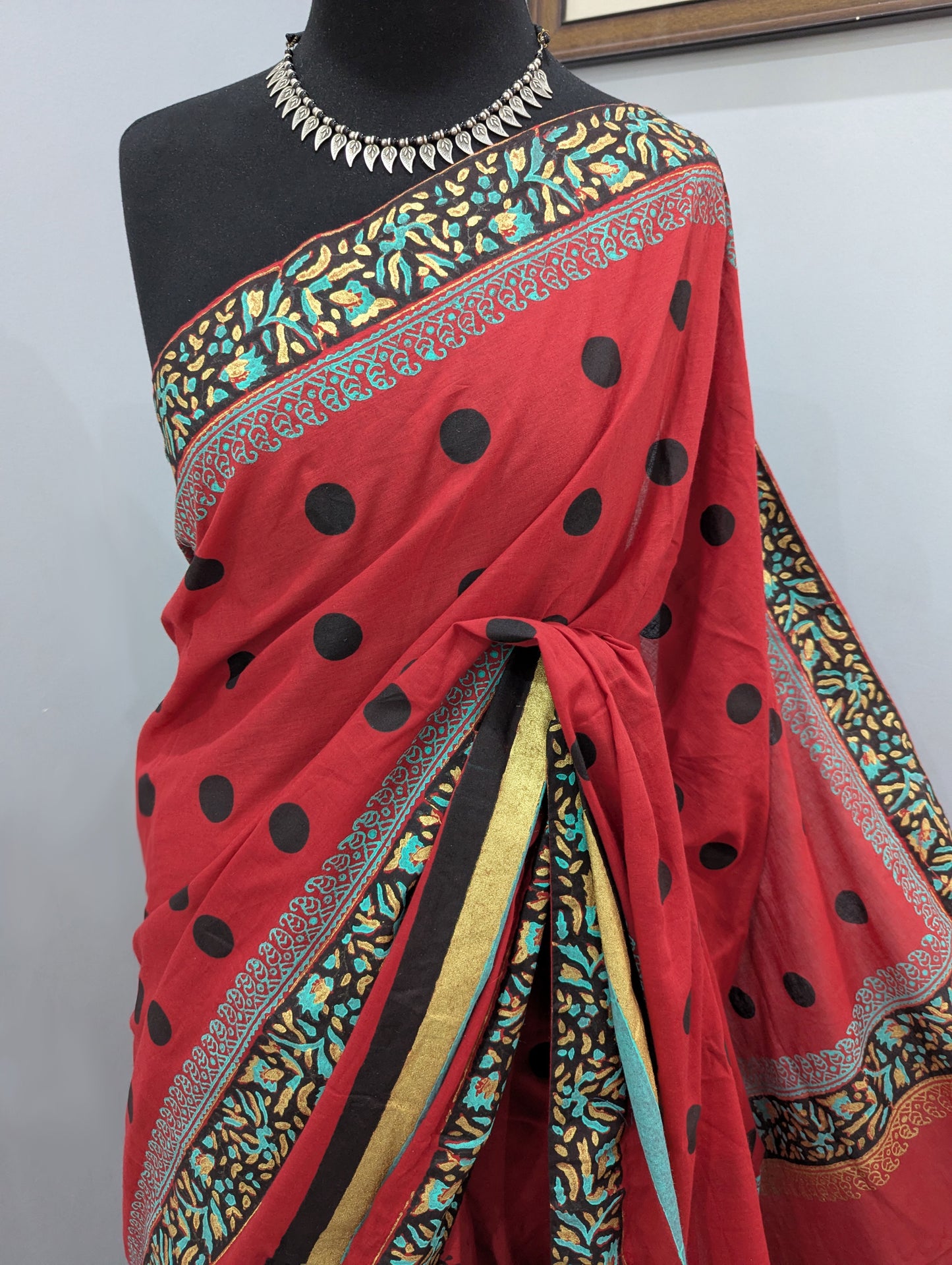 Red & Black Hand Block Printed Cotton Saree