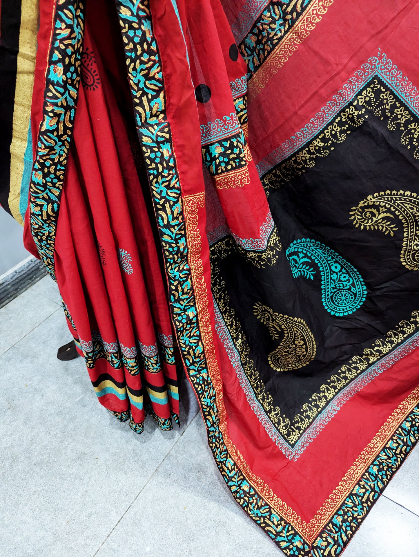 Red & Black Hand Block Printed Cotton Saree