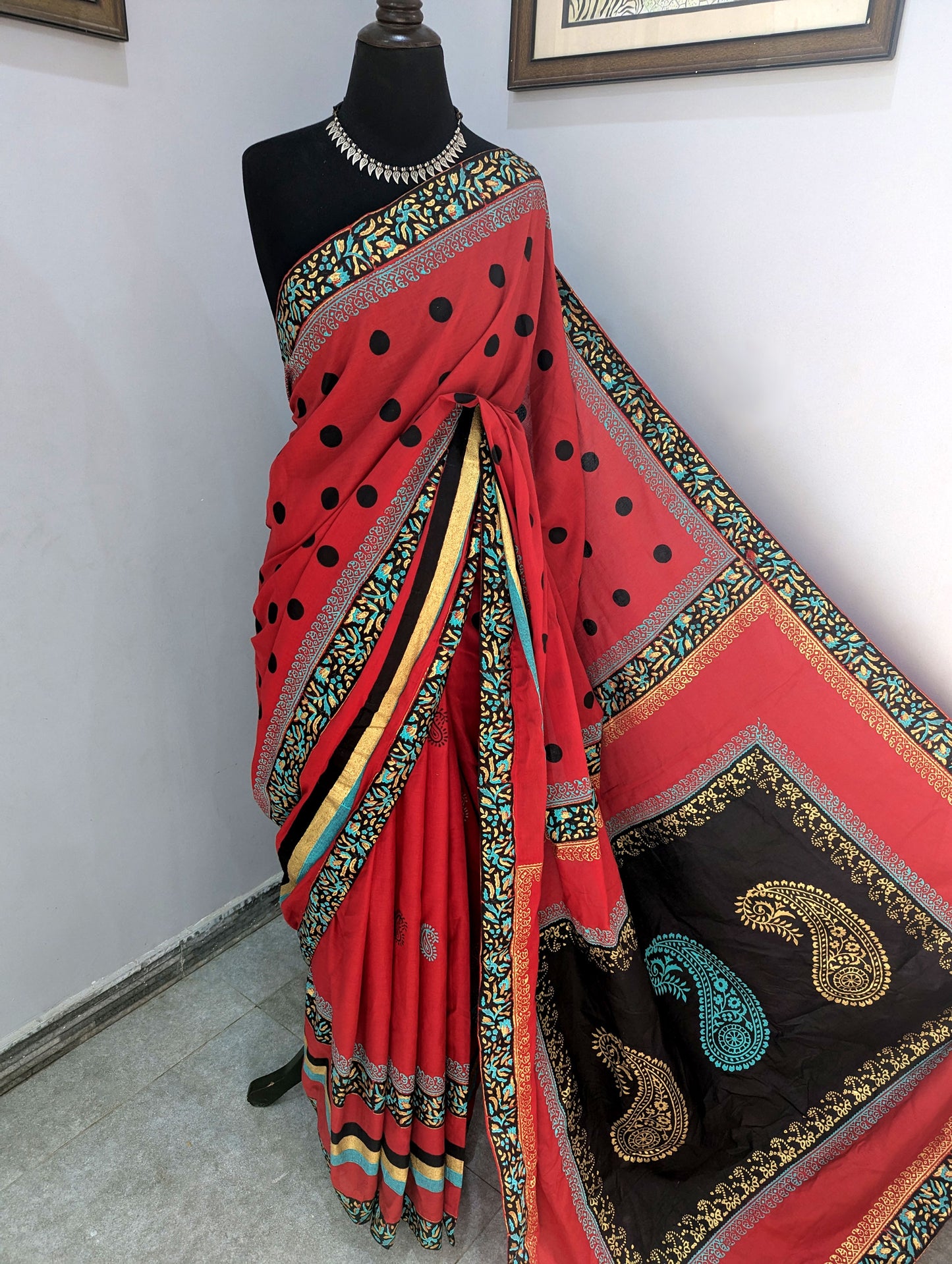 Red & Black Hand Block Printed Cotton Saree