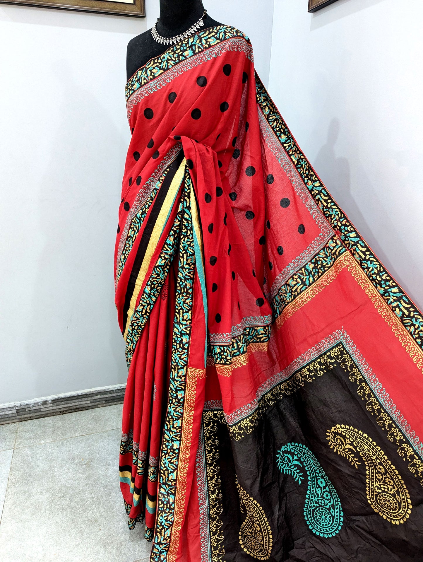 Red & Black Hand Block Printed Cotton Saree