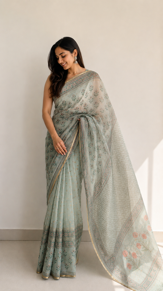 Bloom - Organza Hand Block Printed Saree