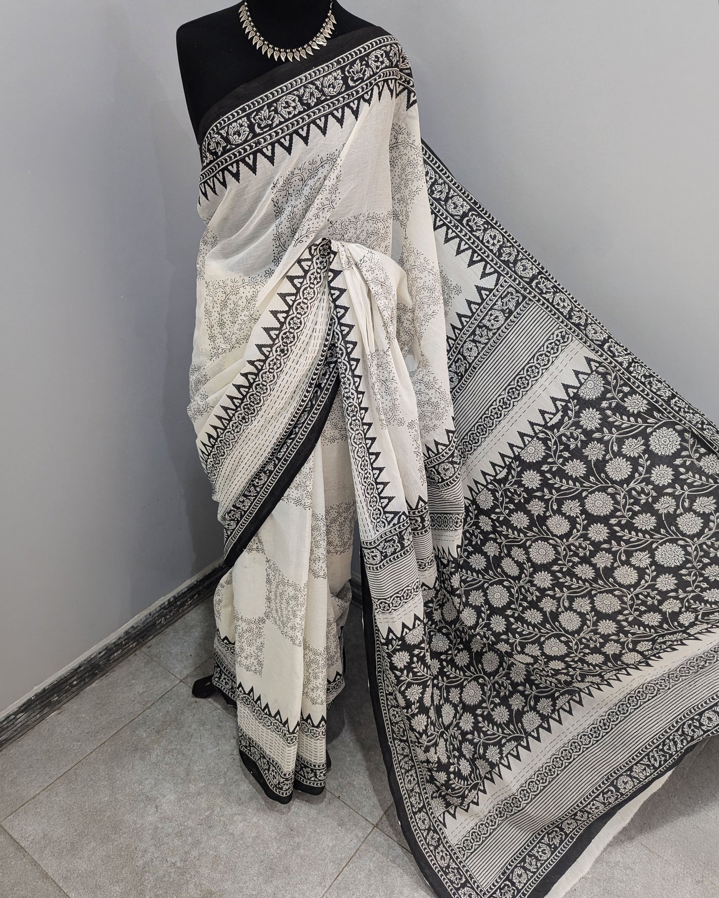 Black & White Hand Block Printed Cotton Saree