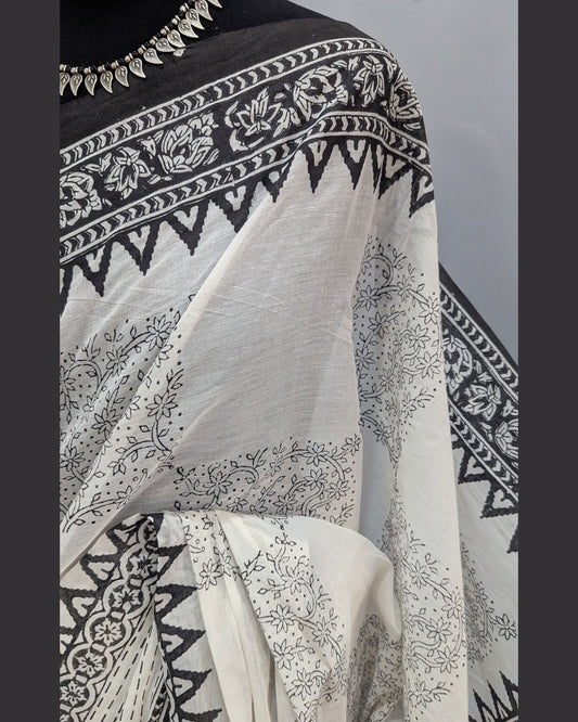 Black & White Hand Block Printed Cotton Saree
